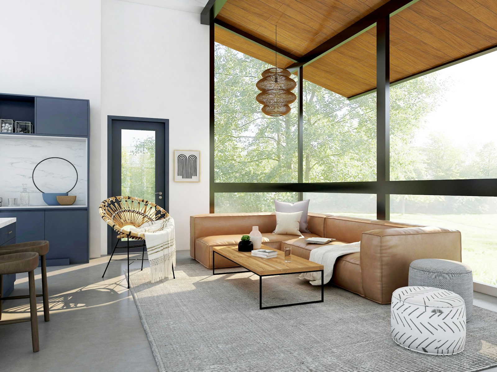 Modern interior with wood ceiling and forest view through a ruled glass grid